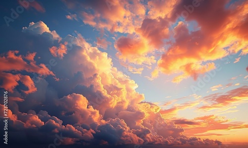 Sky at sunset, sky at sunrise, clouds, orange clouds cirrus clouds, cumulus clouds, sky gradient, sky background at dusk, twilight, nightfall, pink sky, pink clouds, sun, environment, Generative AI  photo