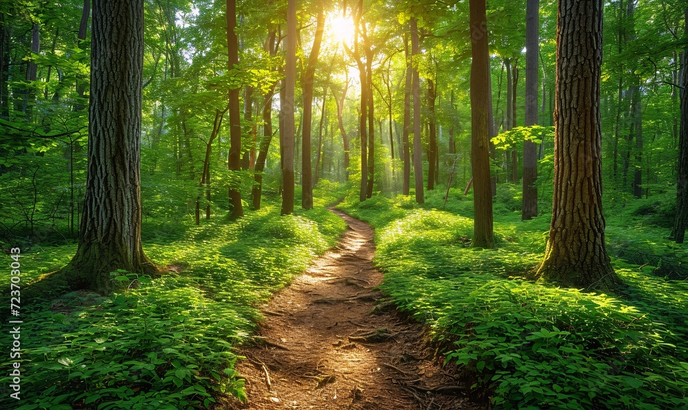 Obraz premium Sunlit Path in the Woods: A Serene and Refreshing Scene for a Summer Afternoon Generative AI