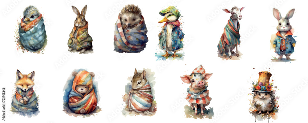 Adorable Watercolor Animals Wrapped in Warm Scarves and Cozy Blankets, Illustrating the Comfort and Warmth of Winter Season