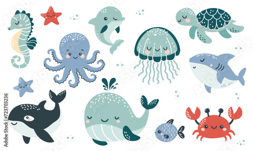 Vector illustration collection in children's Scandinavian style. Orca dolphin dolphin crab jellyfish octopus fish turtle shark seahorse. Vector illustration © Alena