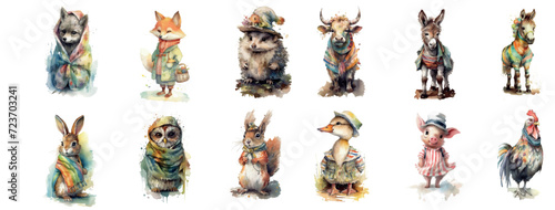 Whimsical Collection of Animals in Clothes: Artistic Illustration Featuring Dressed Up Pets and Wildlife in Various Outfits, Perfect for Children’s Books and Creative Projects