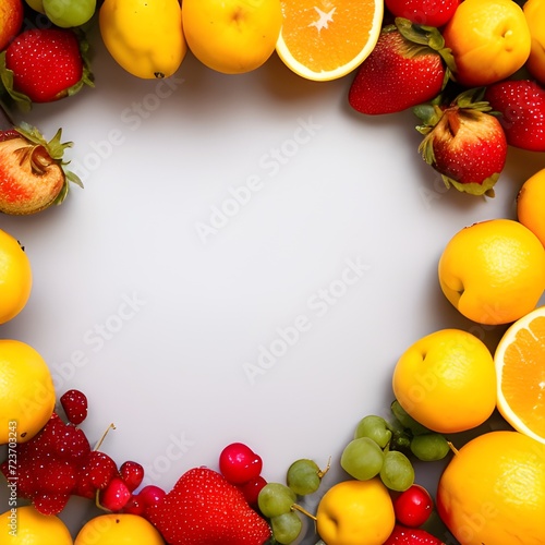Tropical fruit background, various fruits on white table, banner template with copy space, top view photography created with generative AI 