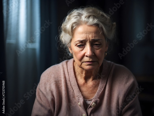 Depressed Senior Woman in a Dark Room - Sad and Gloomy expression of her face