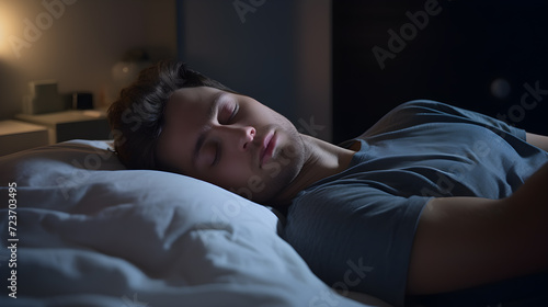 Portrait of a young man sleeping on the bed There is light from the lamp. It shows the importance of sleep health.