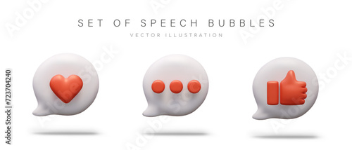 Set of dialog 3D bubbles. Red heart, three dots, thumbs up. Popular non verbal symbols