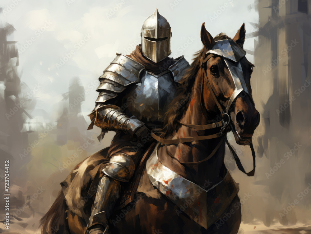 Knight in armor on horseback. Digital art. - obrazy, fototapety, plakaty 