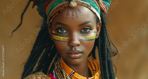 African Beauty: A Dazzling Display of Tribal Paint and Braids Generative AI