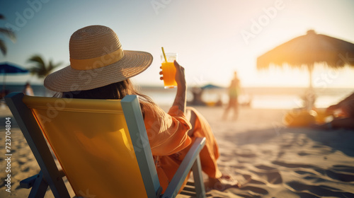 woman relaxing on the beach in a beach chair photo
