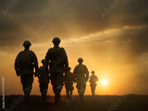 Soldiers in the Sunset - Silhouettes only - Concept: National holidays , Flag Day, Veterans Day, Memorial Day, Independence Day, Patriot Day.