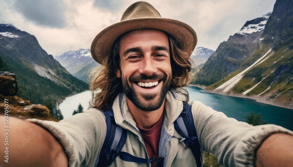 Traveler or Content Creator making a Selfie - Panoramic Background with Happy Person - Travel Hype Traveler or Content Creator making a Selfie - Panoramic Background with Happy Person - Travel Hype
