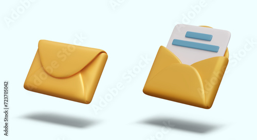 Closed and open yellow envelope with letter. Set of 3D elements in cartoon style