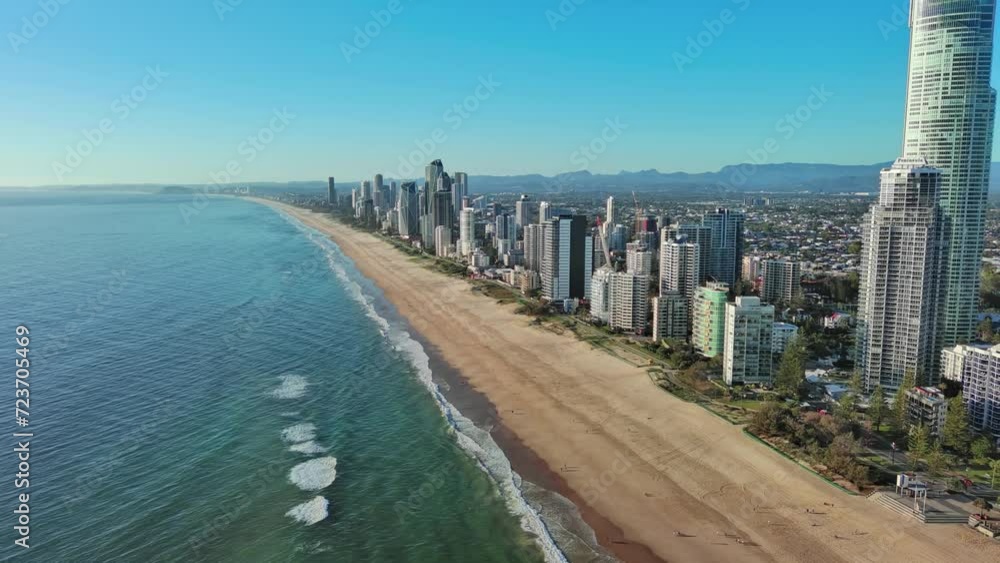 Gold Coast, Australia: Aerial view of skyscraper skyline of famous resort city on east coast of Queensland, Surfers Paradise Beach and Pacific Ocean Gold Coast, Australia: Aerial view of skyscraper skyline of famous resort city on east coast of Queensland, Surfers Paradise Beach and Pacific Ocean