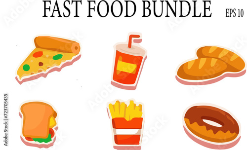 Explore a mouthwatering Fast Food Bundle vector illustration on Shutterstock featuring a delectable mix of pizza, cold drink, burger, sandwich, French fries, and donut. Satisfy your cravings with this