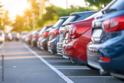 Cars parked in a row in the parking lot. Closeup