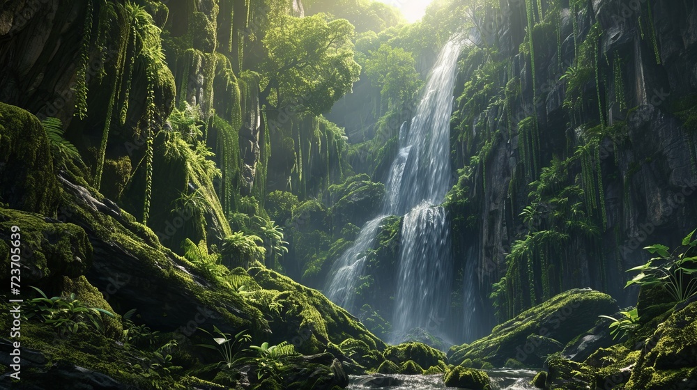 Enchanting Green Forest Landscape with Majestic Waterfalls, Lush Foliage, and Sunlight Peeking Through Enchanting Green Forest Landscape with Majestic Waterfalls, Lush Foliage, and Sunlight Peeking Through