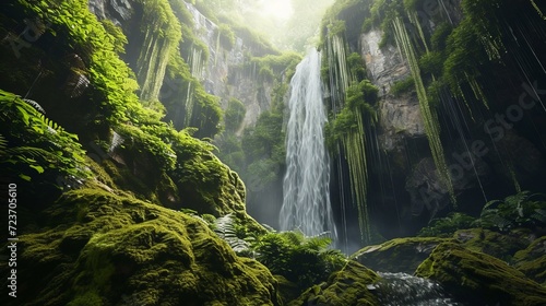 Mystical Waterfall Cascading in a Lush Green Forest Landscape, Illustration Style Imagery Capturing the Serenity and Natural Beauty