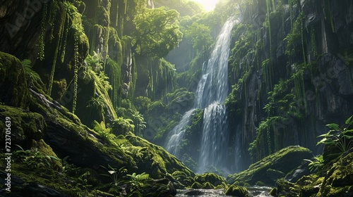 Enchanting Green Forest Landscape with Majestic Waterfalls, Lush Foliage, and Sunlight Peeking Through