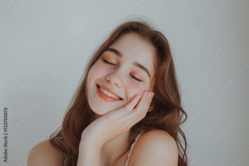 portrait of a smiling woman in white over white background portrait of a smiling woman in white over white background