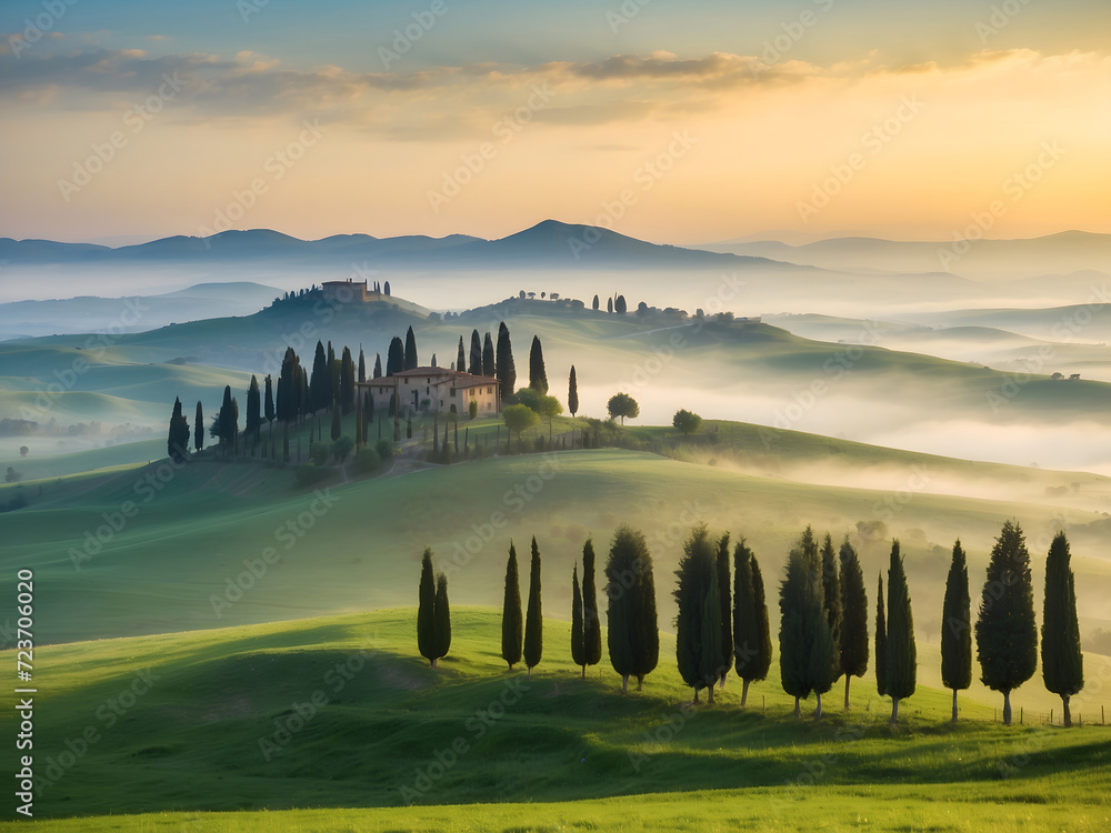 Fototapeta premium Sunrise in Tuscany Illustration - Fictional Farm in Italy - Rural Misty Countryside in the morning