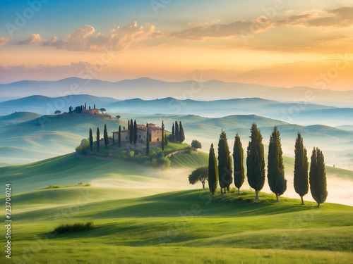 Sunrise in Tuscany Illustration - Fictional Farm in Italy - Rural Misty Countryside in the morning