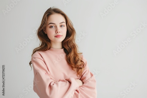 portrait of a woman in pink over white background