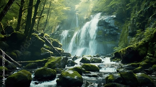 View of waterfall in deep forest. waterfall view in nature. Waterfall landscape in forest. waterfall view in spring. Nature landscape in forest. sun rays falling into the forest