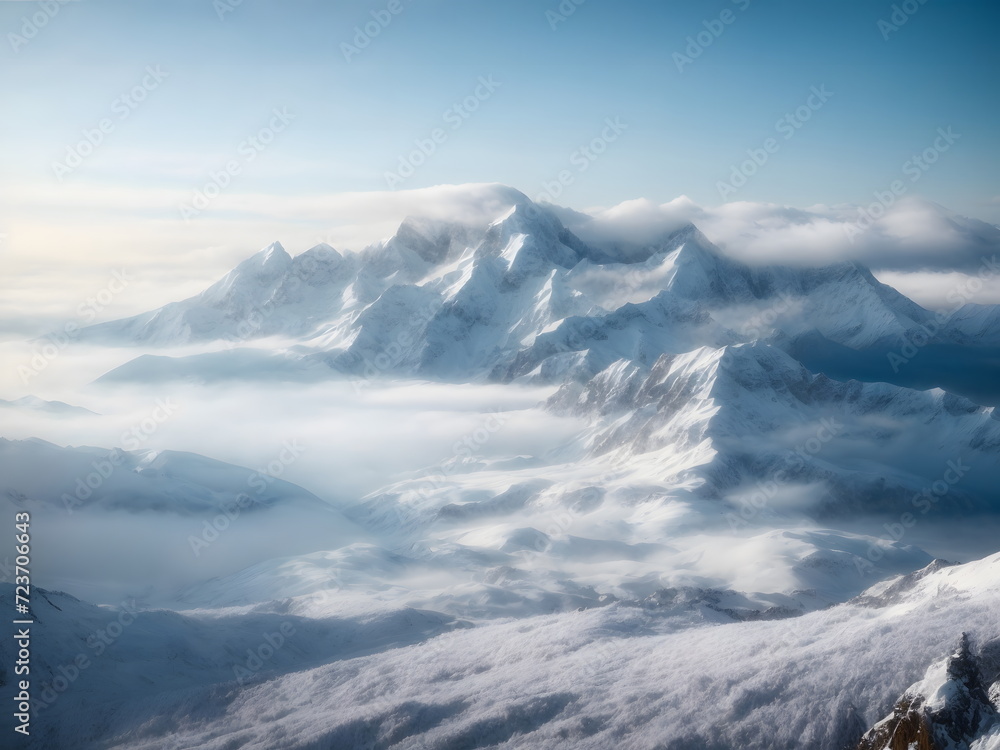 Winter Landscape - Aerial view of Mountains Covered with Snow - Frozen Earth