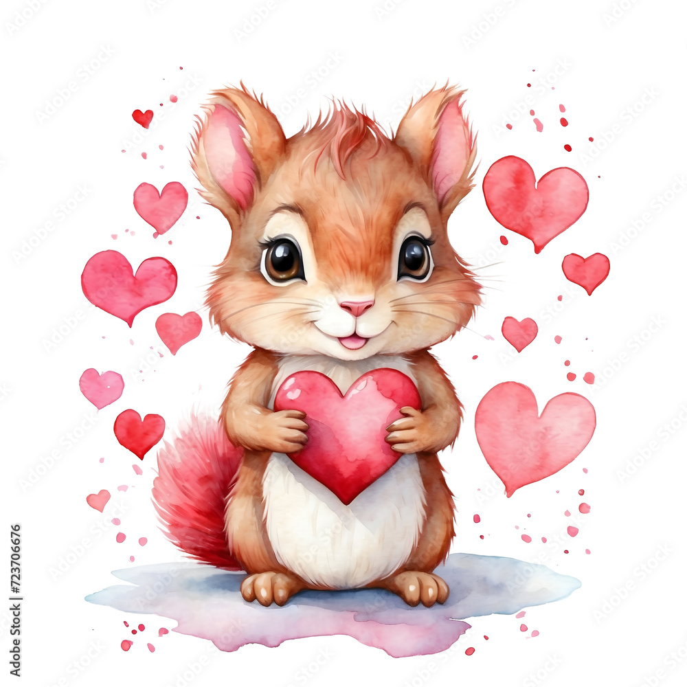 cute squirrel with a heart, watercolor png illustration with transparent background for valentines day card or print