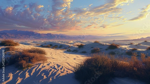 Golden Hour Over Desert Landscape, Sand Dunes and Mountain Range Under a Cloudy Sky, Illustration Style Image