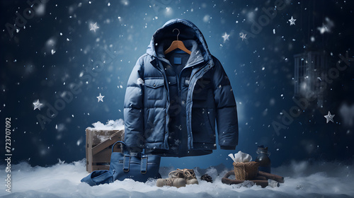 A stylish winter jacket for a man. Showcase of men's winter clothes. Winter clothes sale banner photo