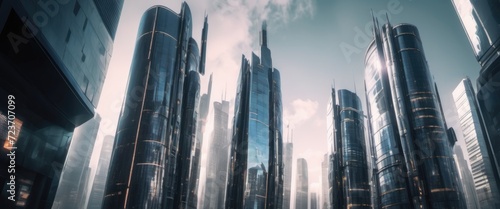 Modern cyberpunk skyscrapers  futuristic district  building reflection  cityscape art