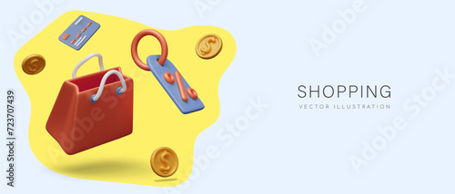 Shopping concept in cartoon style. 3D bag with handles, coins, credit card, discount tag