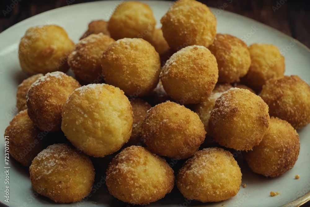 A fried dough snack made from cornmeal, shaped into balls, and deep-fried until crispy by ai generated
