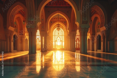 Golden sunlight streams through the arched doorways