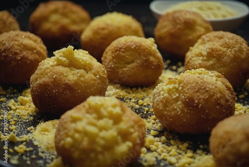 A fried dough snack made from cornmeal, shaped into balls, and deep-fried until crispy by ai generated