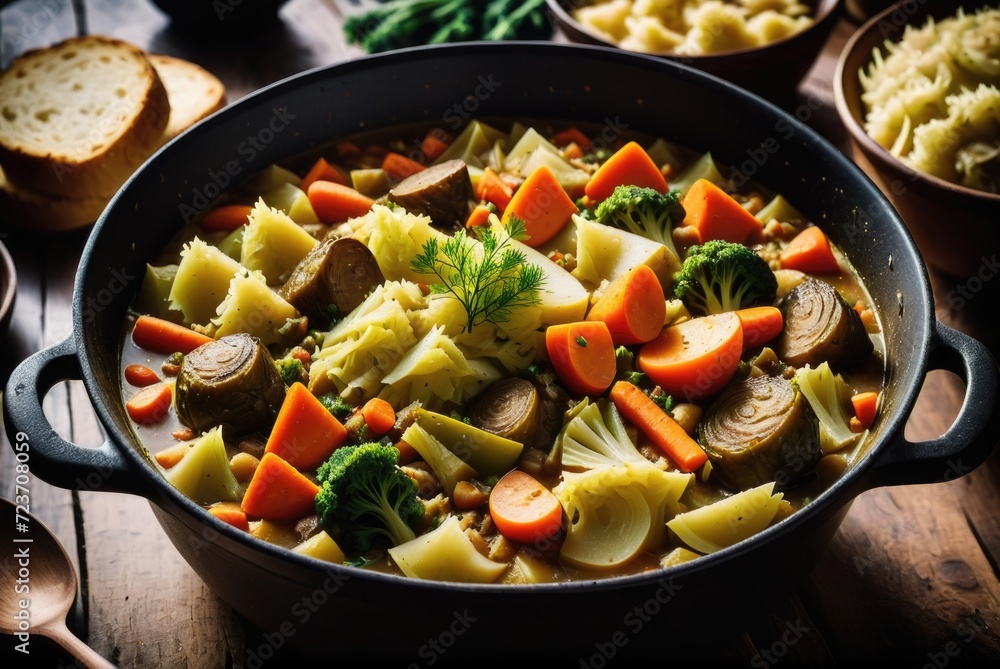 A mixed vegetable stew with cabbage, carrots, potatoes, and other seasonal vegetables, simmered in a flavorful sauce