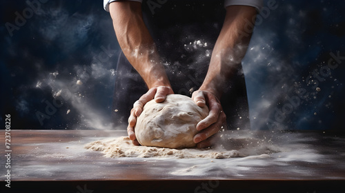 Male hands making pizza dough. Beautiful and strong male hands knead the dough for making bread, pasta or pizza. White flour flies into the air as a pastry chef in a black suit kneads the dough on a t photo