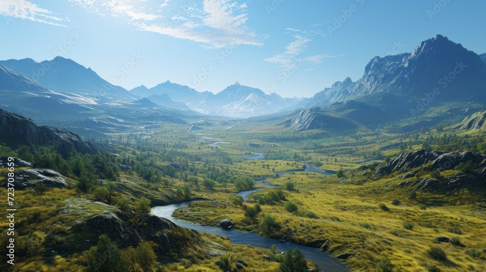 Breathtaking Mountain Landscape with Flowing River, Lush Greenery, and Clear Blue Sky in Illustration Style