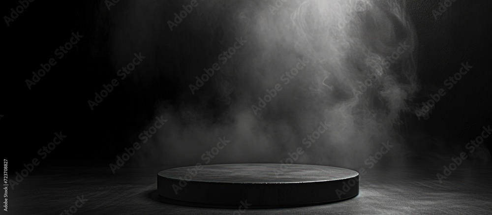 3D Cylinder podium on dark smoke dust black background. Generated AI image