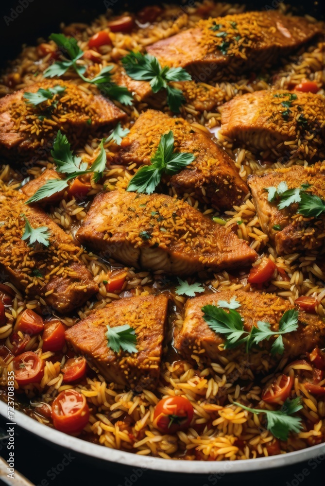 A rice and fish dish cooked with tomatoes, vegetables, and sometimes a variety of spices by ai generated
