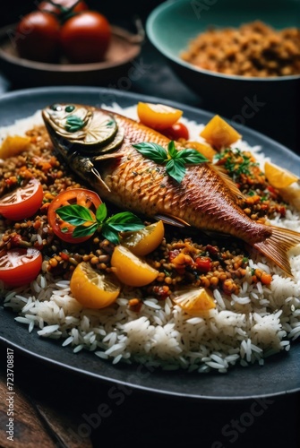 A rice and fish dish cooked with tomatoes, vegetables, and sometimes a variety of spices by ai generated