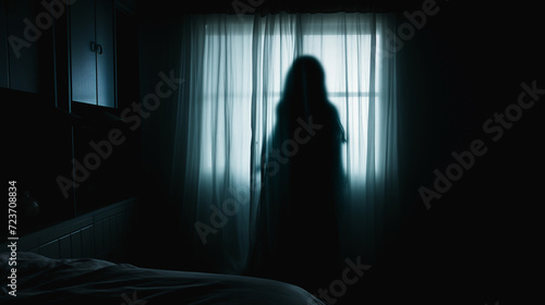 Horror silhouette in window with curtain inside bedroom at night © TPS Studio