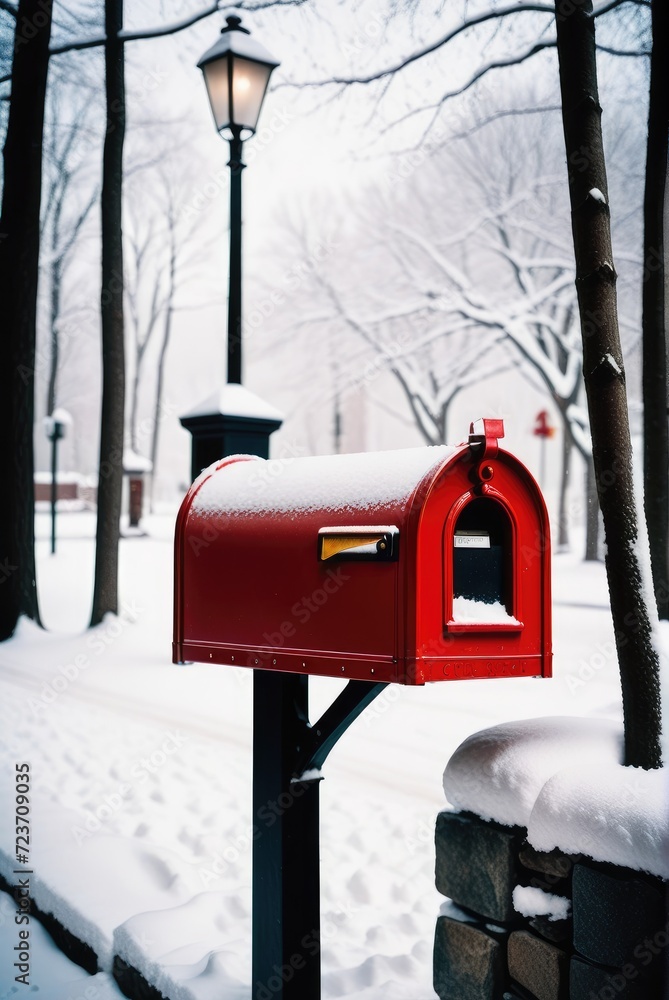 A Snow-Covered Red Mailbox Braving the Winter Snowfall on a Chilly Day by ai generated A Snow-Covered Red Mailbox Braving the Winter Snowfall on a Chilly Day by ai generated
