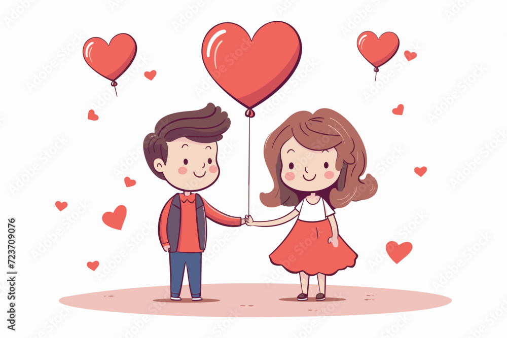 Cartoon Lovers with heart shape balloon for valentine's, little couple with hearts on white background, for valentines day concept, Cartoon Couple Cartoon Lovers with heart shape balloon for valentine's, little couple with hearts on white background, for valentines day concept, Cartoon Couple