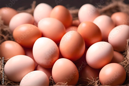 Close up view photo raw chicken eggs full frame background