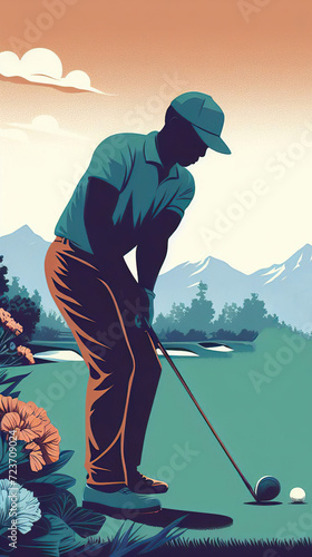 Illustration in vintage graphic style of a young black golf player in abeautiful landscape photo