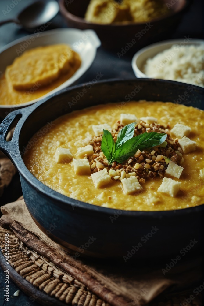 A starchy side dish made from pounded cassava, plantains, or yams, formed into a dough-like consistency, and served with soups or stews A starchy side dish made from pounded cassava, plantains, or yams, formed into a dough-like consistency, and served with soups or stews