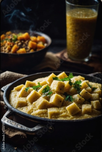 A starchy side dish made from pounded cassava, plantains, or yams, formed into a dough-like consistency, and served with soups or stews 