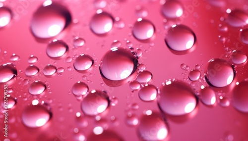 Close-Up View of Water Droplets on a Vibrant Pink Surface, Capturing Light and Reflection