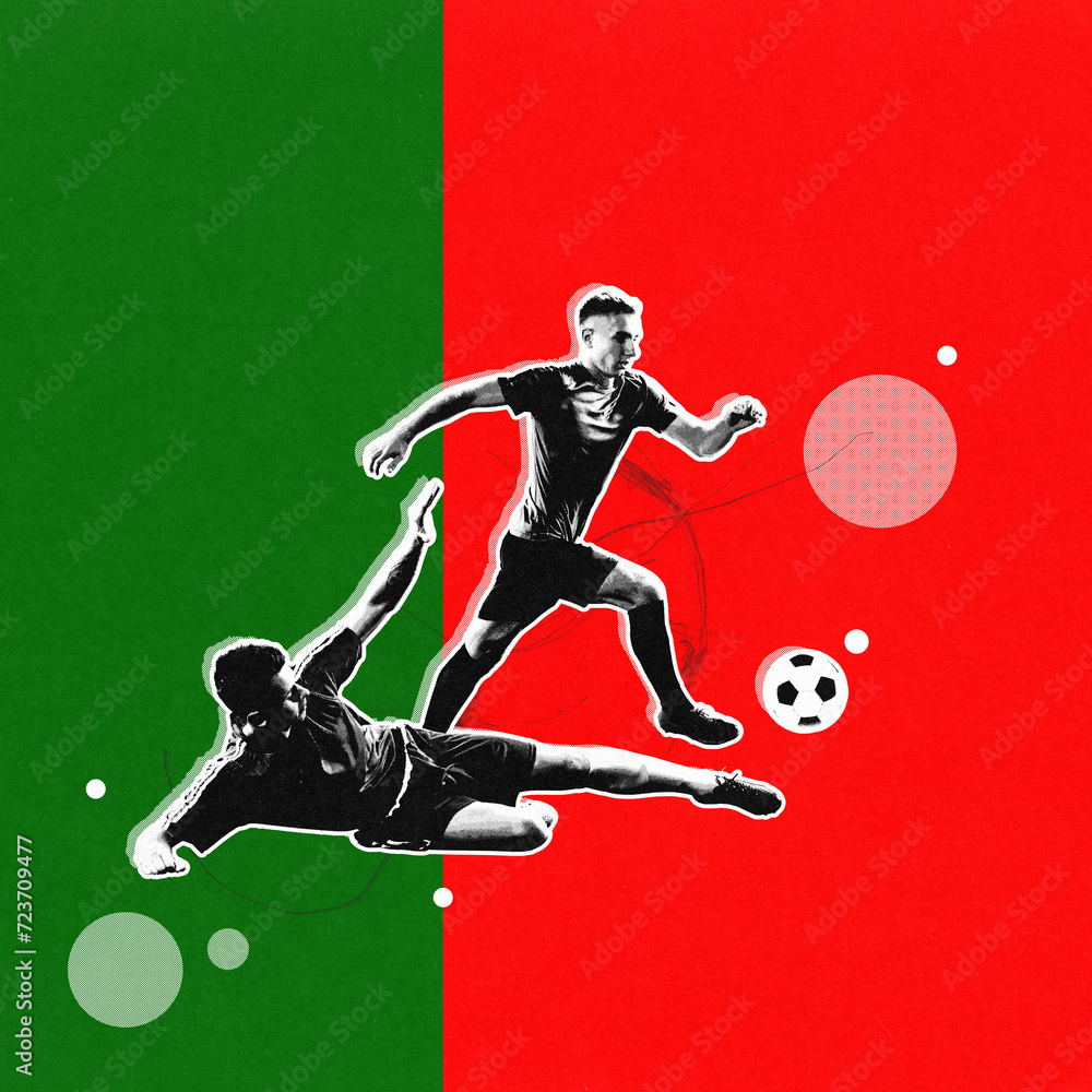 Two competitive young men, soccer players in motion during game, playing, representing team of Portugal. Concept of sport, championship, tournament, match. Poster for sport event. Grainy effect